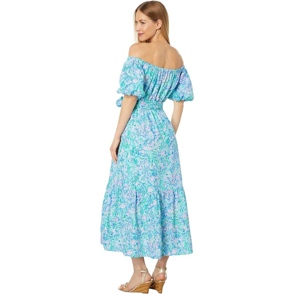 New Lilly Pulitzer Tamie Off-The-Shoulder Dress Blue Tiered Puff Sleeve Sz S - Picture 2 of 7